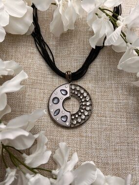 VINTAGE Corded Necklace with Silver-Blue Circle Crystal Pendant